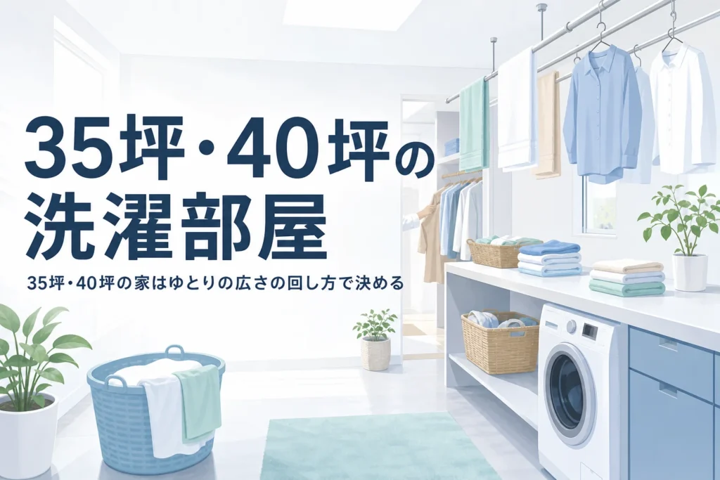35坪・40坪の家でランドリールームのゆとりの広さの使い方をまとめた記事のアイキャッチ