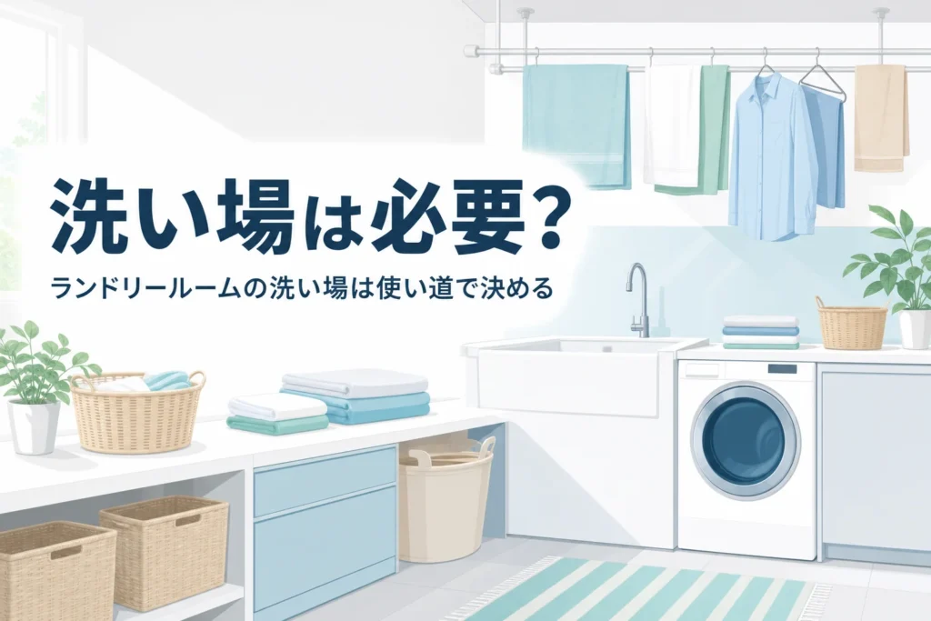 ランドリールームの洗い場（スロップシンク）が必要かどうかと、使い道・置き方を解説する記事のアイキャッチ