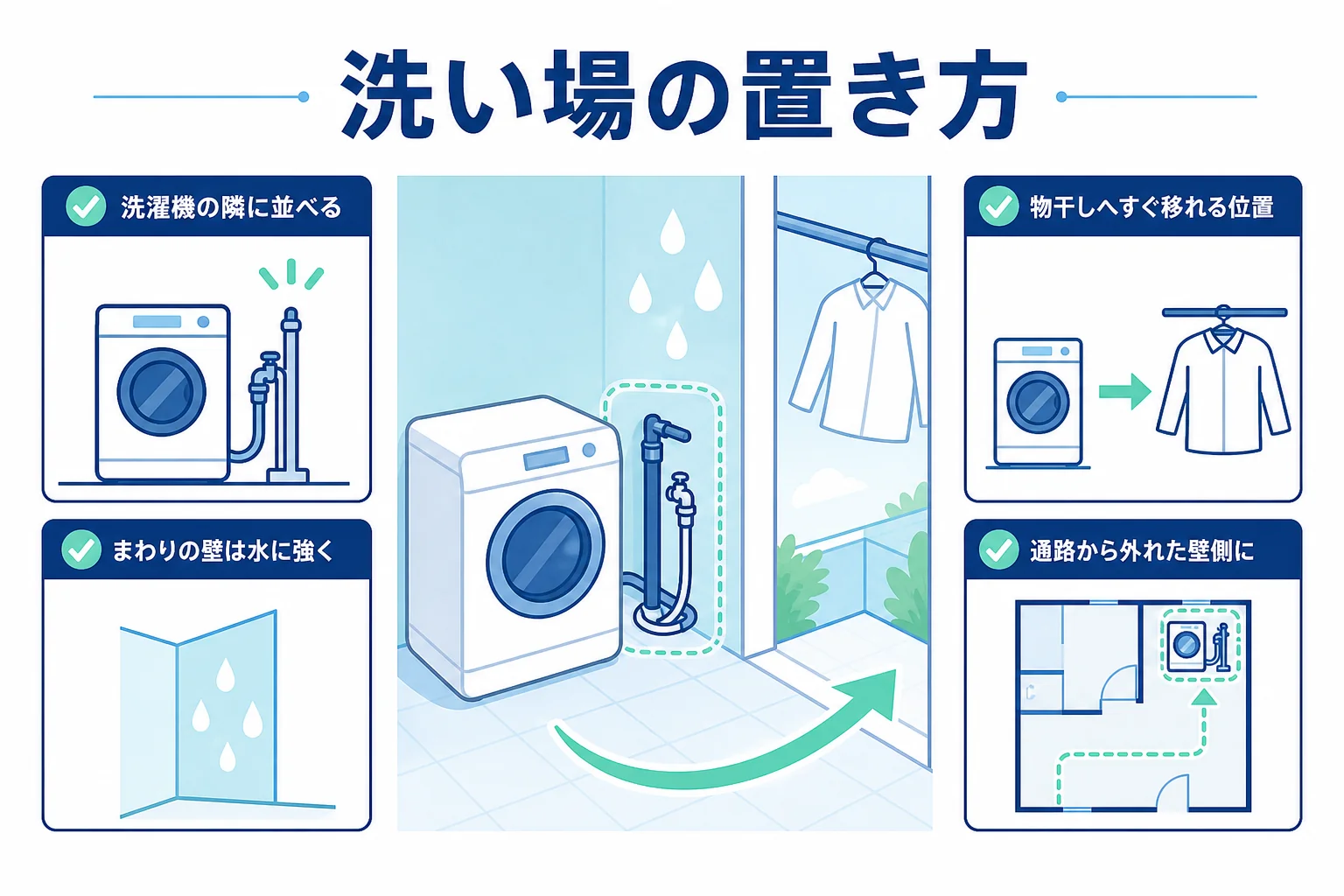 ランドリールームで洗い場を洗濯機の隣に置き、配管をまとめて水はねにも配慮した配置を示した模式図