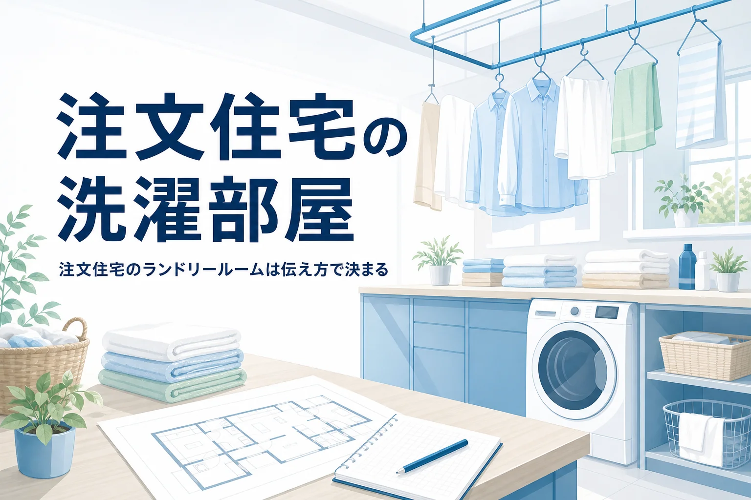 注文住宅でランドリールームを作る時の打ち合わせと伝え方を紹介する記事のアイキャッチ