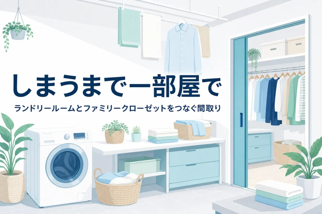 ランドリールームとファミリークローゼットをつないで、干してからしまうまでを一部屋で済ませる間取りを解説する記事のアイキャッチ