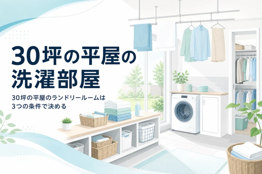 30坪の平屋の間取りにランドリールームを組み込む考え方をまとめた記事のアイキャッチ