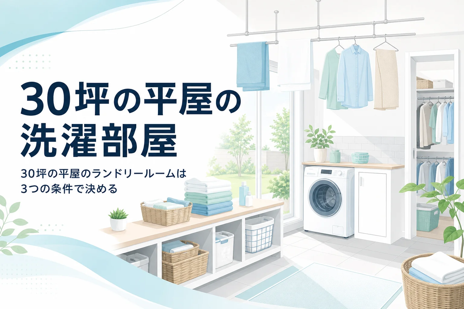 30坪の平屋の間取りにランドリールームを組み込む考え方をまとめた記事のアイキャッチ
