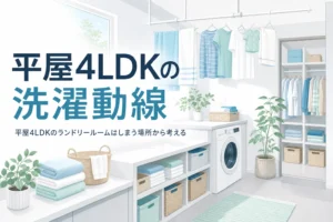 平屋4LDKのランドリールームの間取りを家族別のしまい場所から考える記事のアイキャッチ