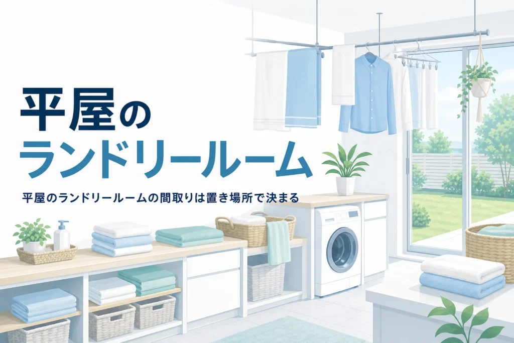 平屋のランドリールームの間取りを置き場所と家事動線から考える記事のアイキャッチ