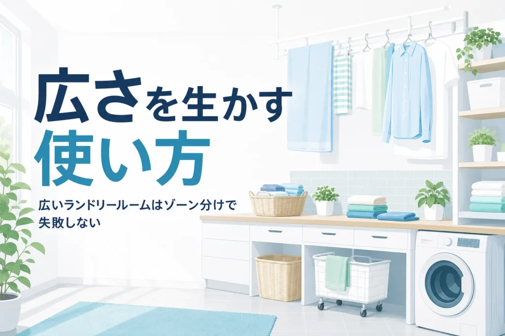広いランドリールームで失敗しないための、広さを生かす使い方と注意点を解説する記事のアイキャッチ