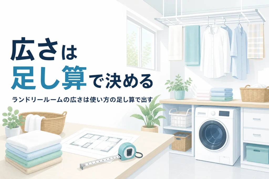 ランドリールームの広さの目安と、使い方から広さを出す測り方を解説する記事のアイキャッチ