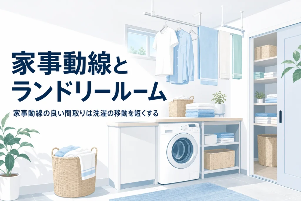 家事動線の良い間取りとランドリールームで洗濯の移動を短くする記事のアイキャッチ