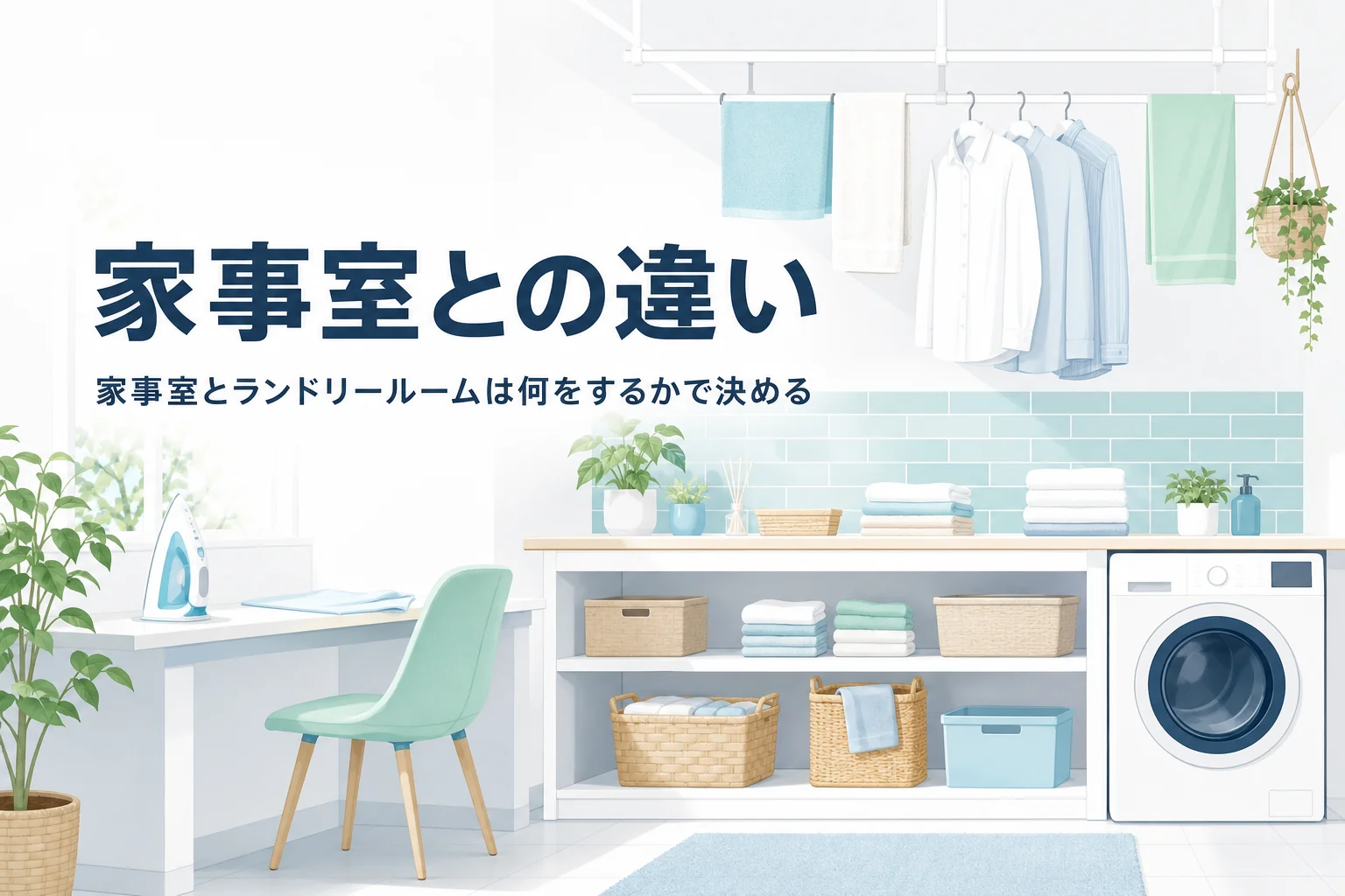 家事室とランドリールームの違いと、兼ねる時の広さと使い方を解説する記事のアイキャッチ