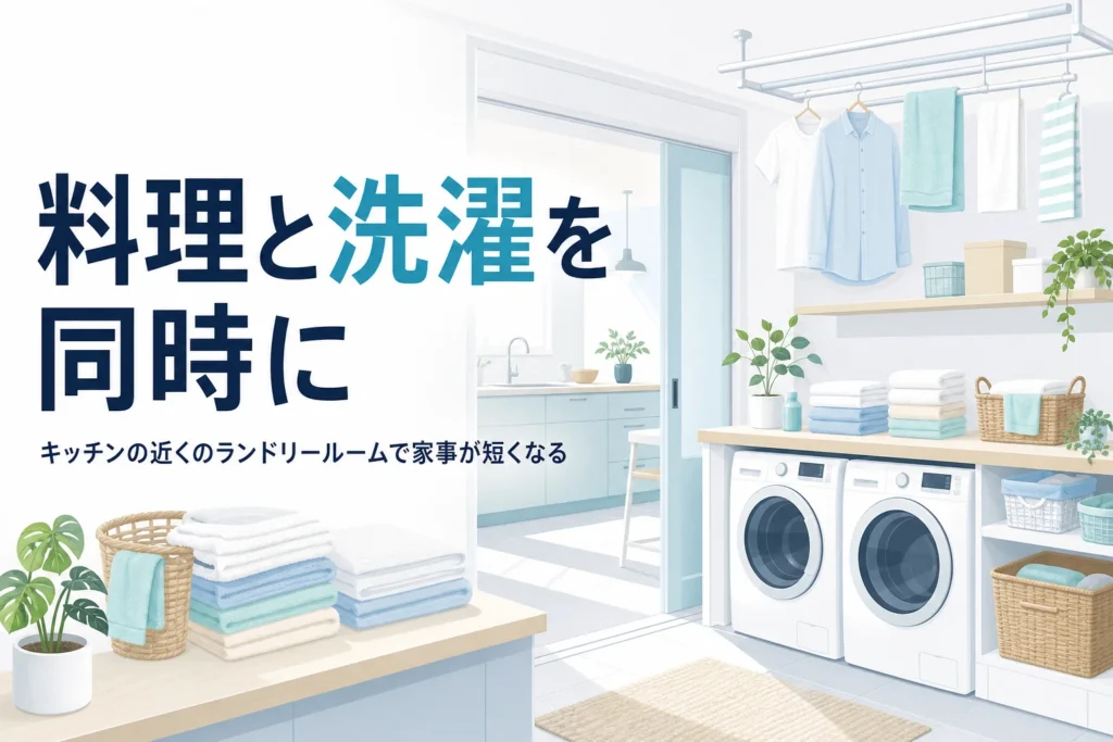 キッチンの近くにランドリールームを置いて、料理と洗濯を同時に進める配置を解説する記事のアイキャッチ