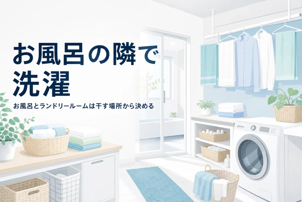 お風呂の隣にランドリールームを置く間取りと、浴室乾燥との組み合わせ方を解説する記事のアイキャッチ