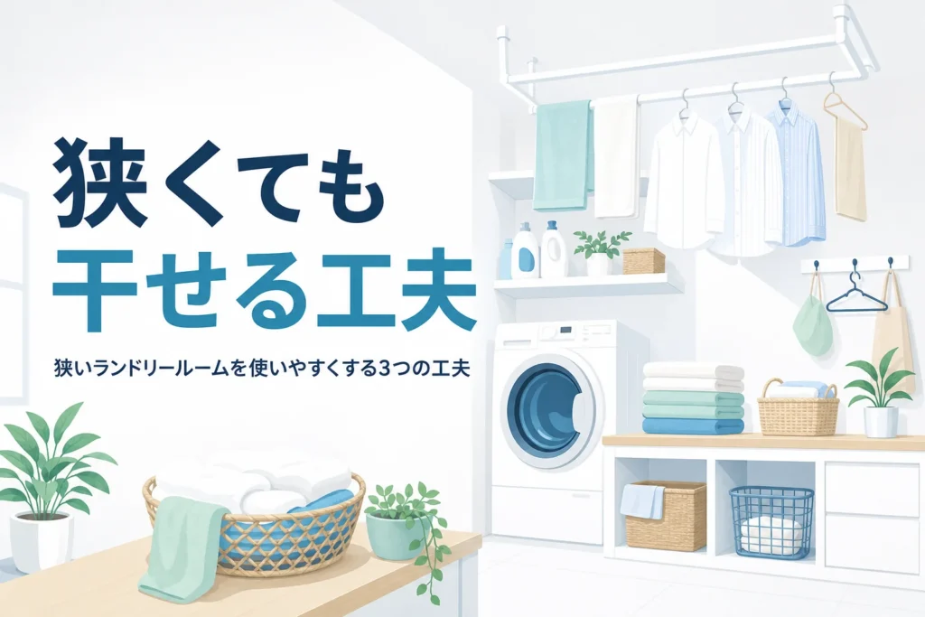 狭いランドリールームを1坪でも干せるように使いやすくする工夫を解説する記事のアイキャッチ