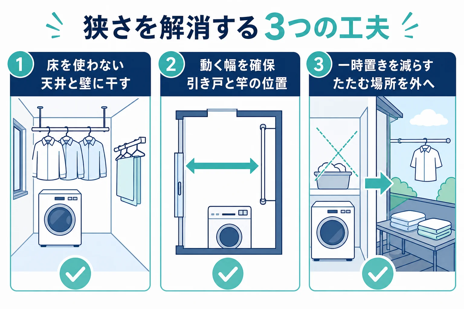 狭いランドリールームを、床を使わない・動く幅を確保する・一時置きを減らすの3つの工夫で整える考え方を示した図解