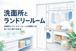 洗面所とランドリールームの間取り例と並べ方・扉の付け方を紹介する記事のアイキャッチ