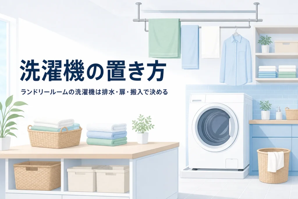 ランドリールームの洗濯機の置き方を、排水・扉の開き方・搬入経路の3つから解説する記事のアイキャッチ