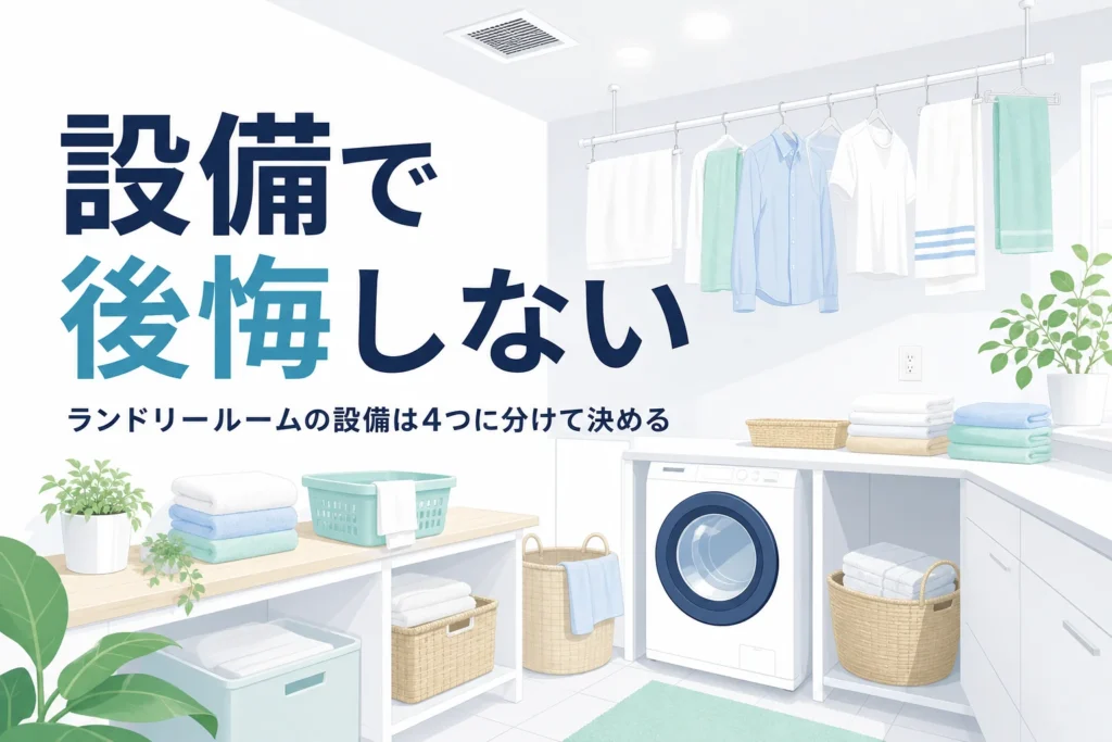 ランドリールームのコンセント・照明・換気などの設備の決め方を紹介する記事のアイキャッチ