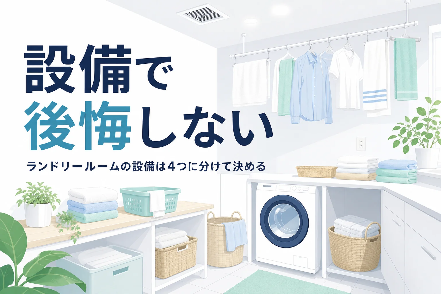 ランドリールームのコンセント・照明・換気などの設備の決め方を紹介する記事のアイキャッチ