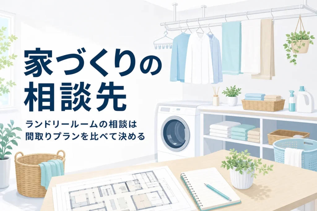 ランドリールームのある家づくりの相談先と間取りプランの比べ方を紹介する記事のアイキャッチ