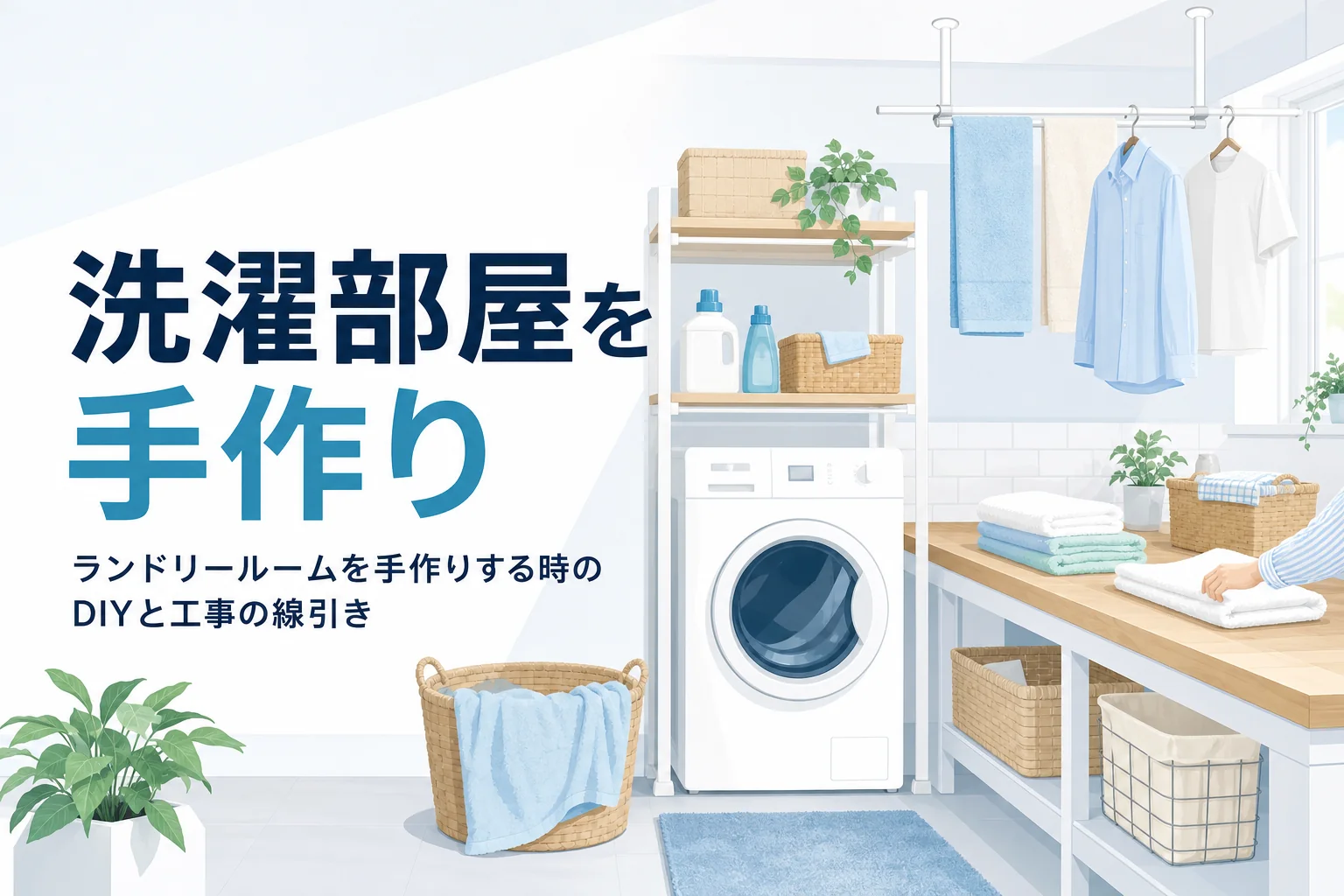 ランドリールームを手作りする時にDIYでできることと任せる工事を紹介する記事のアイキャッチ