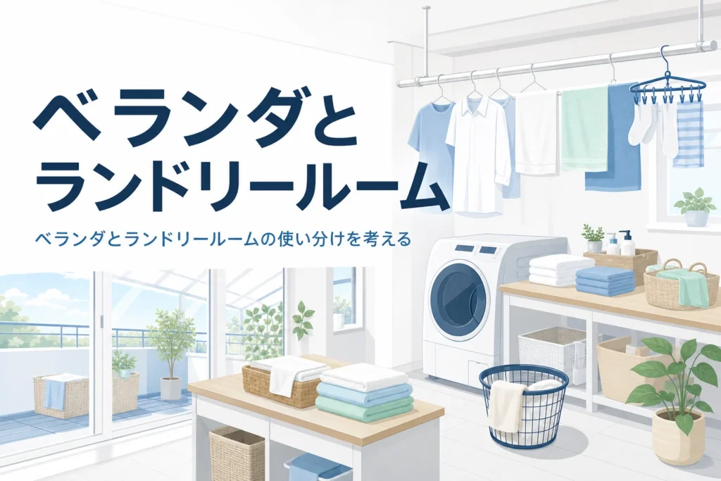 ベランダとランドリールームの関係とベランダなしの家の考え方をまとめた記事のアイキャッチ